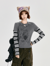 Retro Faux Layered Heart Print Striped Long Sleeve T-Shirt - COPPING THREADS - CT Select